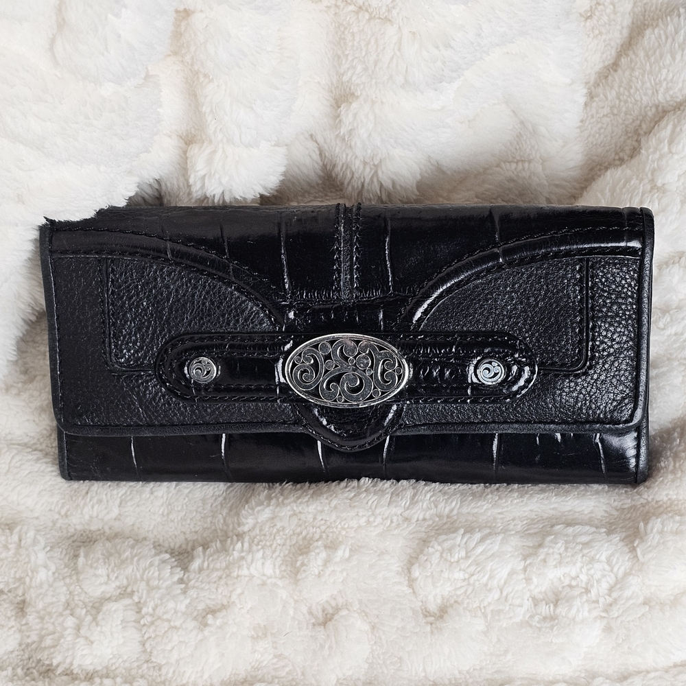 Brighton Trifold Leather Wallet Black Pebbled And Croc Embossed  Leather